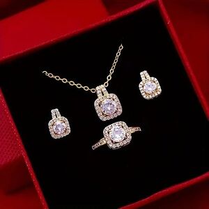 4pcs Fashion Elegant Jewelry Set, Pendant Necklace Earrings Ring Set